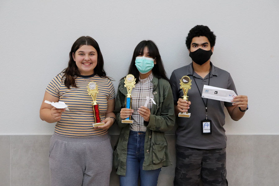 Leanne Teague placed second, Maya Milan placed first and Max Marquardt placed third in the first ever homeroom paper airplane contest. The bracket style contest between homerooms began in February with the final round taking place yesterday. 