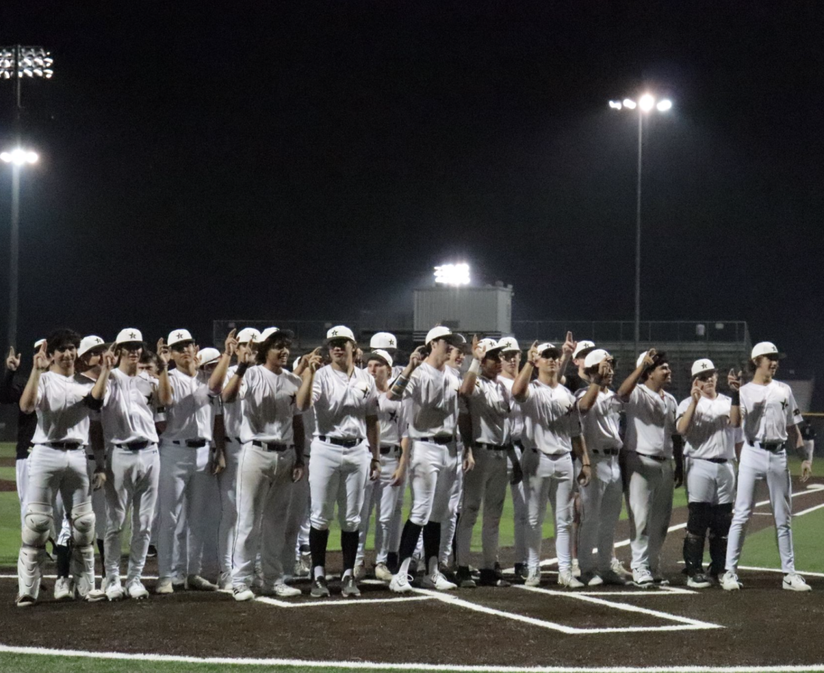 For the Win:
Varsity Baseball celebrates their victory against Del Valle. Last Tuesday, they lost 3-1, but this game gave them a 4-1 win. “It’s pretty competitive and pretty close,” Durham said. “During this game, luckily we were able to grab the lead, and we never let go of it.”