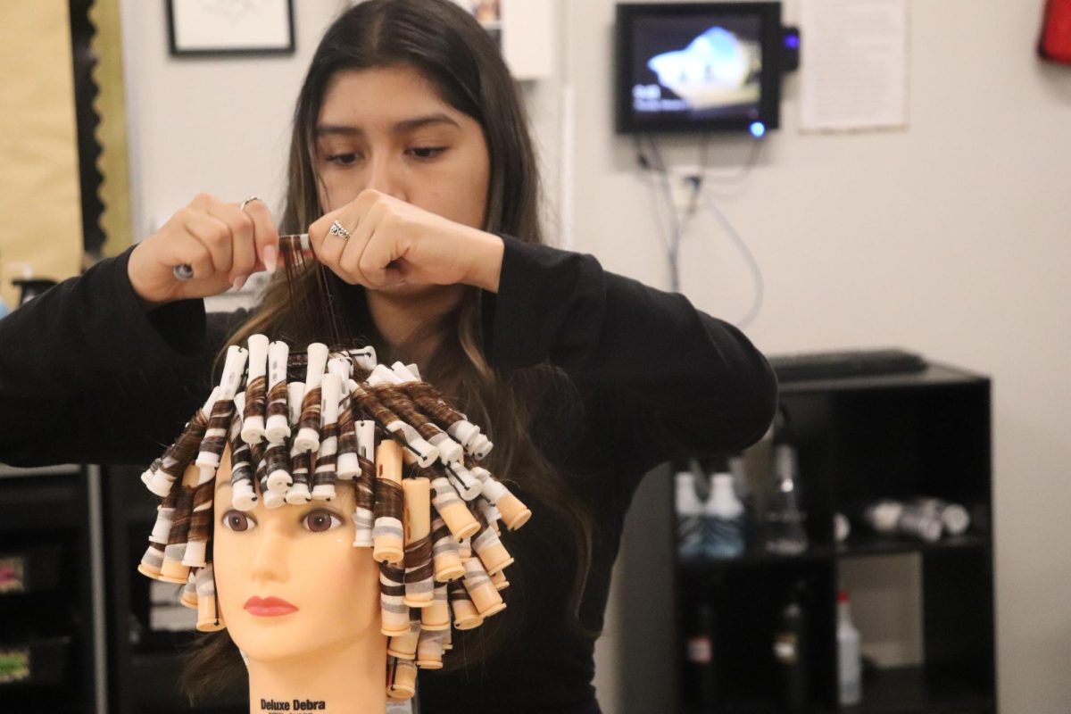 Following behind dreams: Destiny Coneche curling the mannequin head’s fake hair with hair rollers. She later receives feedback from the cosmetology teacher on her technique. “My mom never got to finish for cosmetology,” Destiny Coneche said. “I wanted to finish her dream for her and open my own salon.” 