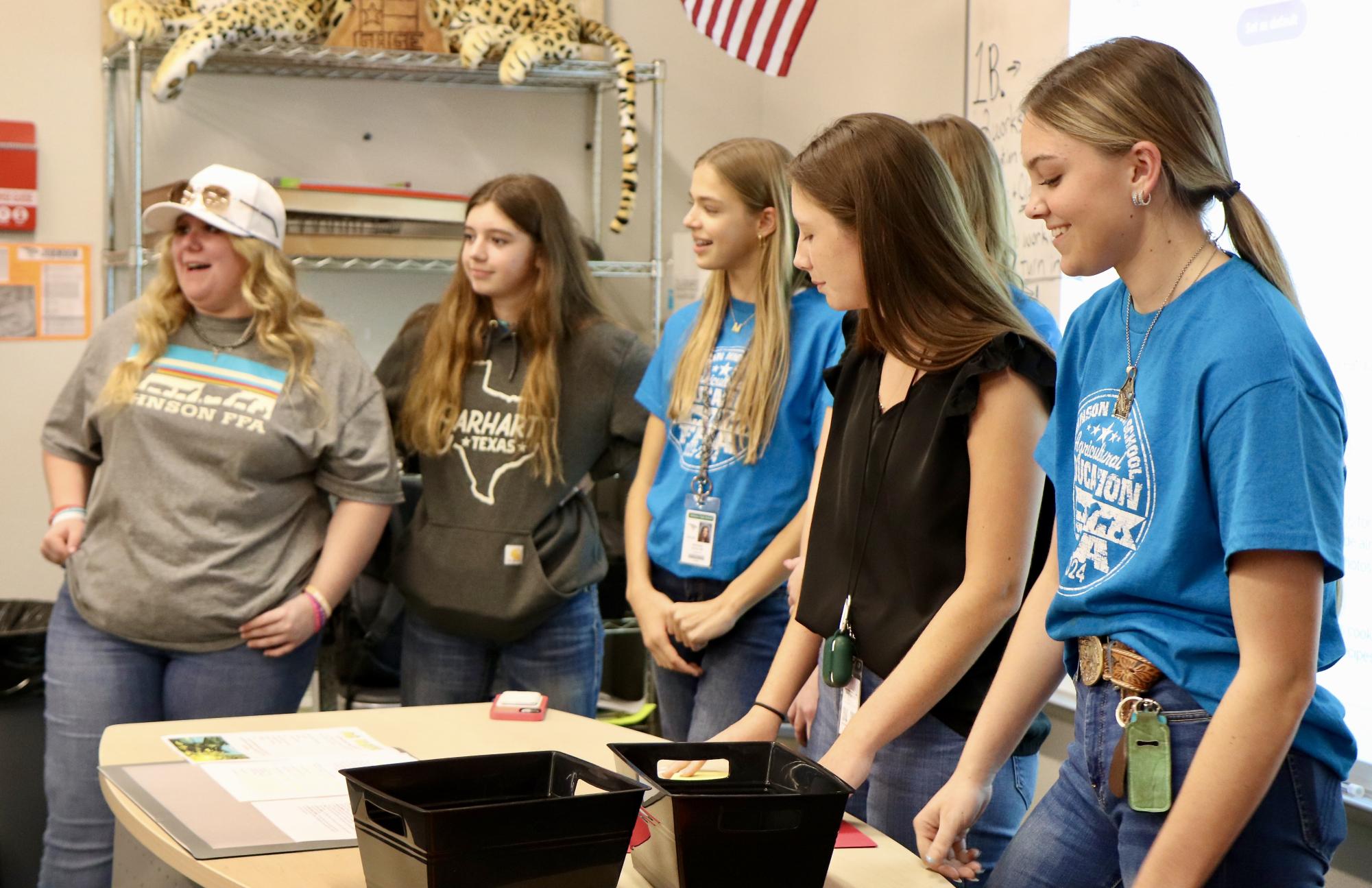 Farming the Future: (left to right) FFA student directors Haley Robertson, Harley Ellis, Morgan McCallum, Cyan Baesse, Marley Dionne, and Summer Hundl explain the different activities through the club.