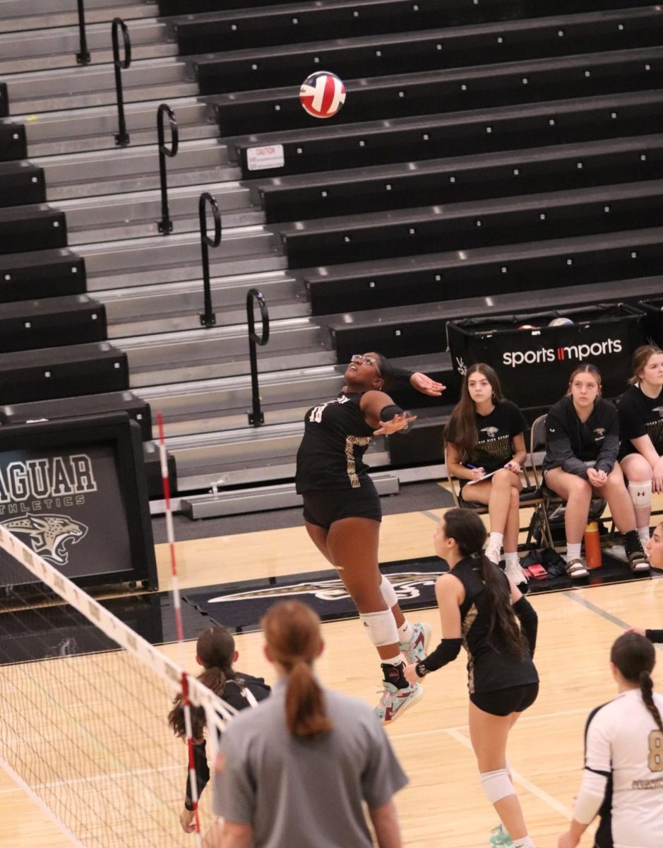 Sophomore Amaya Wellington spikes
 the ball. 