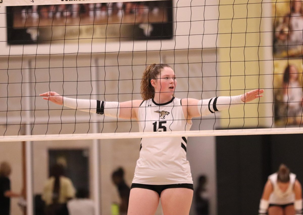 Senior Kate Tietz prepared to block during the set. 
