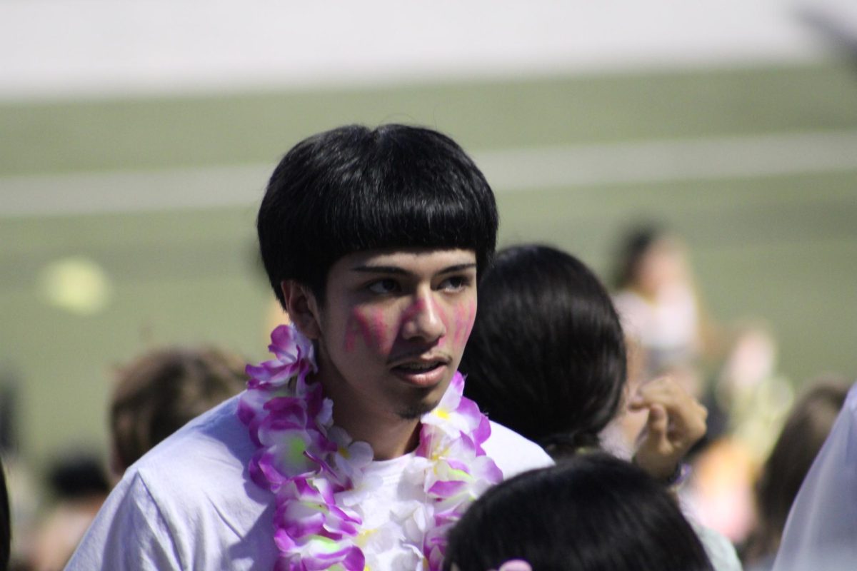 Sophomore Joe Chavez in the student section at the Hawaiian themed game on Sept. 12. 