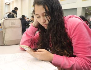 Sophomore Julianna Benevides posing as a student on their phone while work needs to be done.
