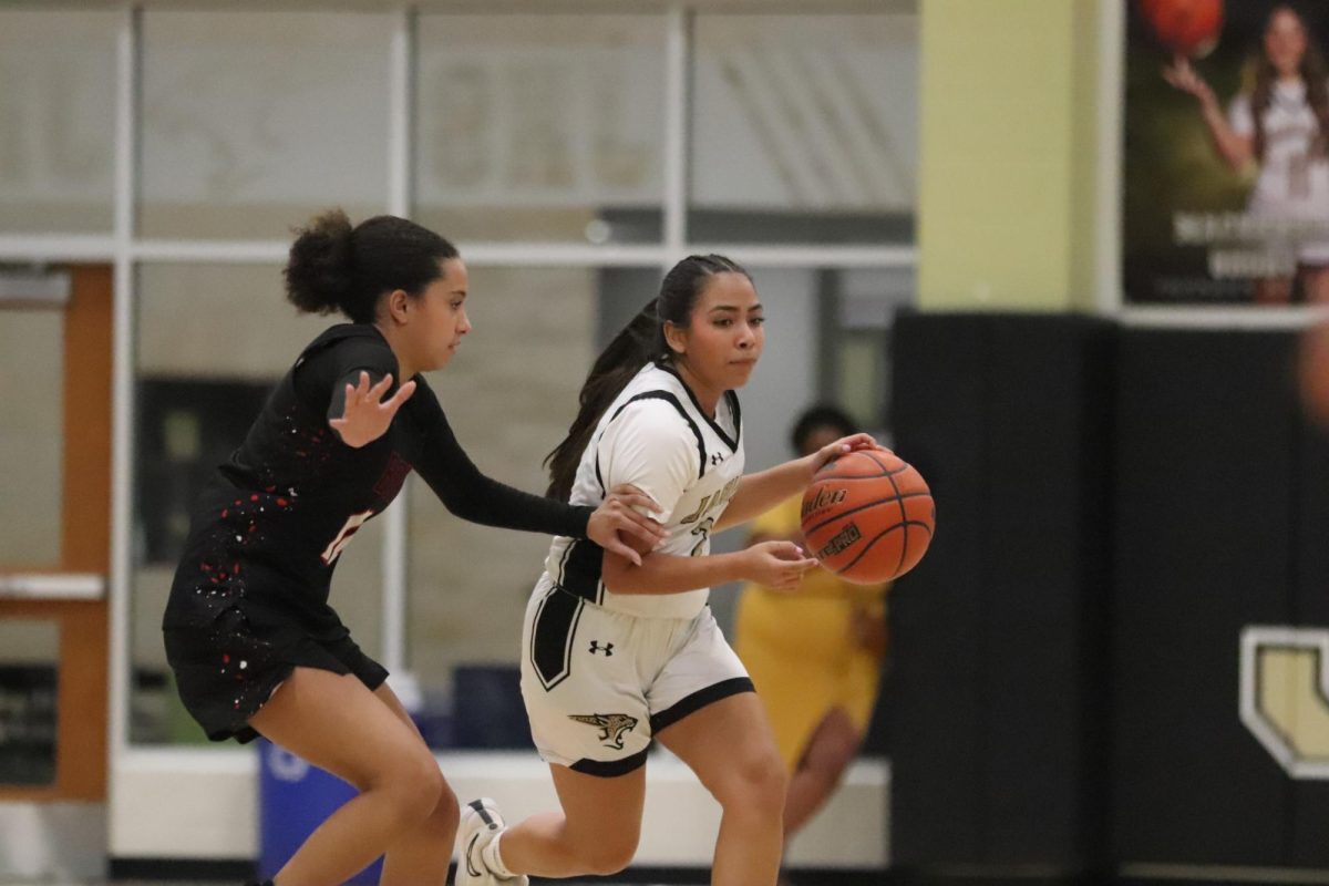 Dribbling to Succeed
Gabby Mendoza runs to her team's court side to make a shot. At halftime, the Lady Jag's were down 17 v. 31 but their commitment to win maintained throughout the game. "During this picture, I was trying to break a full court press," Mendoza said. "I think I did my best."