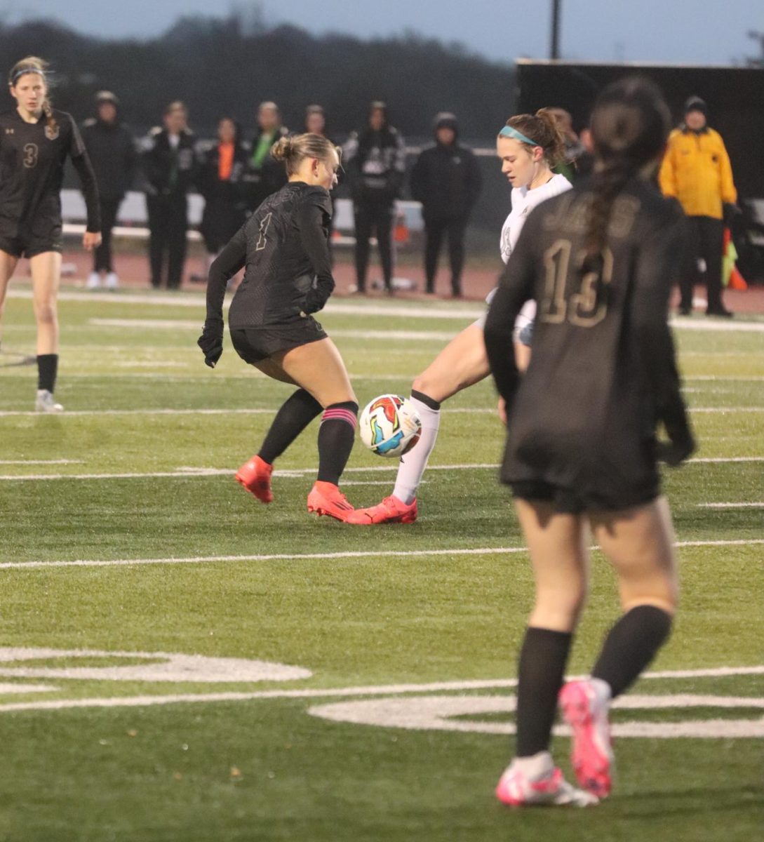 Drew Taylor working to grab the ball from her opponent. 