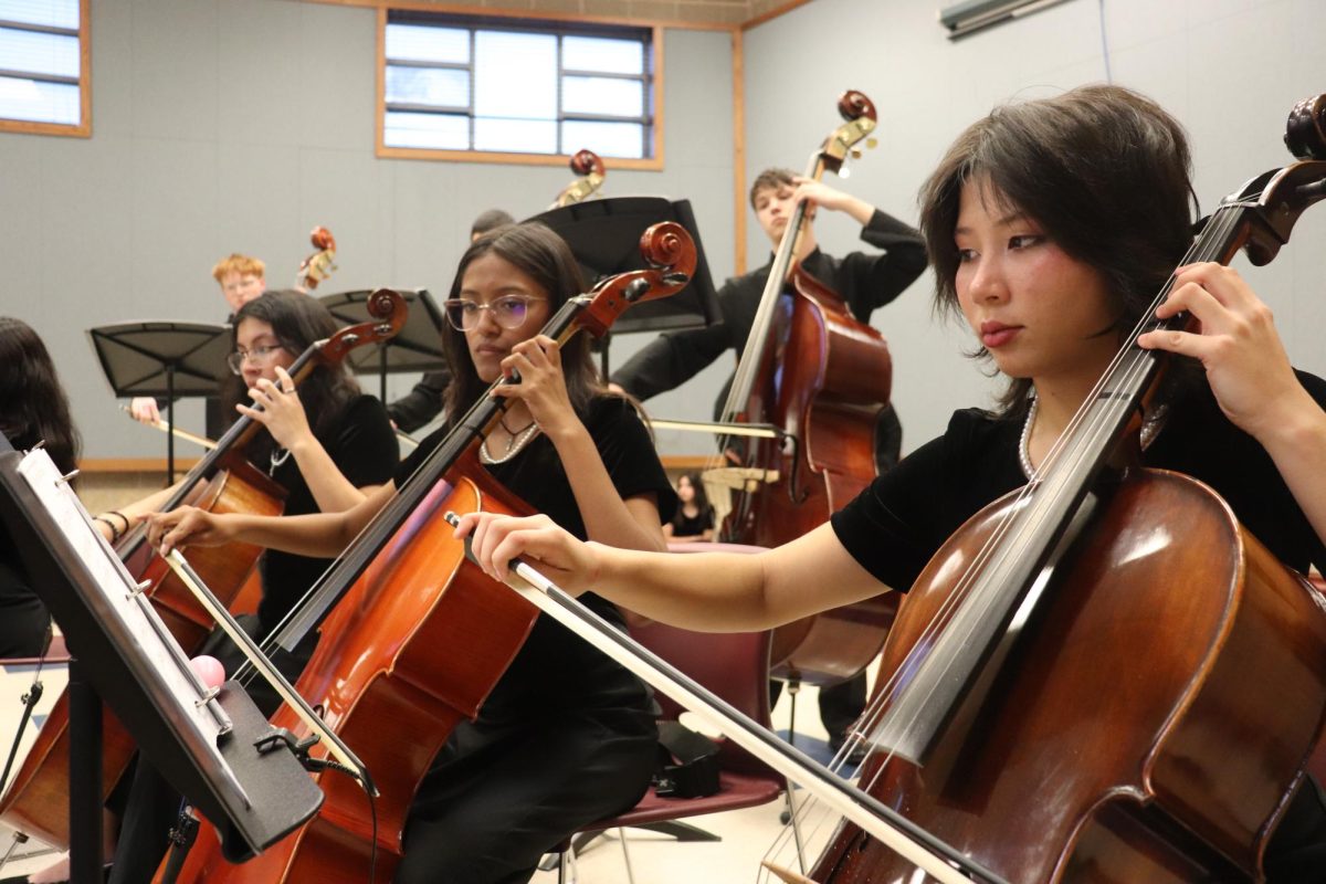 The cello section practicing during dress rehearsal.
